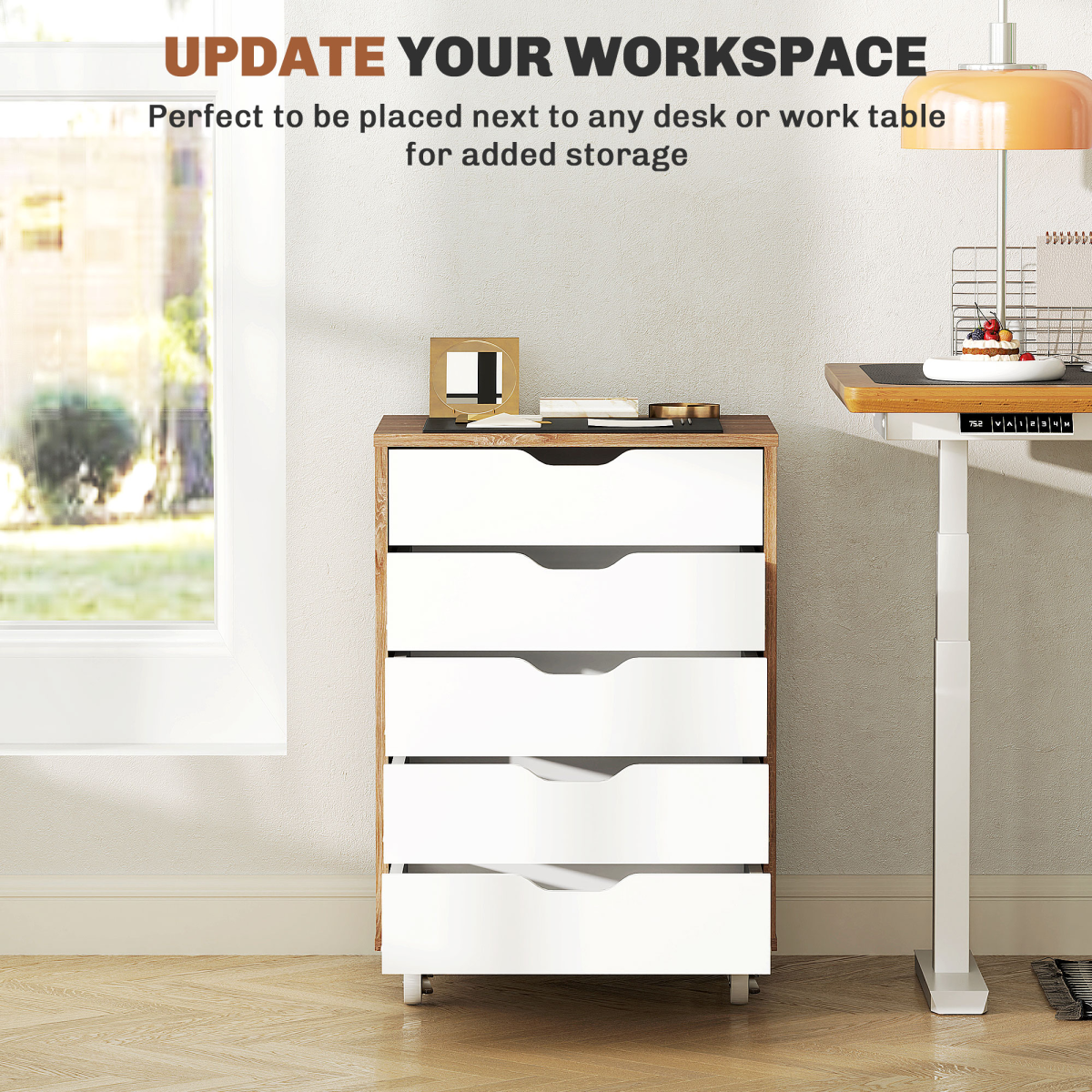 cortex-london-windsor-mobile-filing-cabinet-five-drawer-brown-white