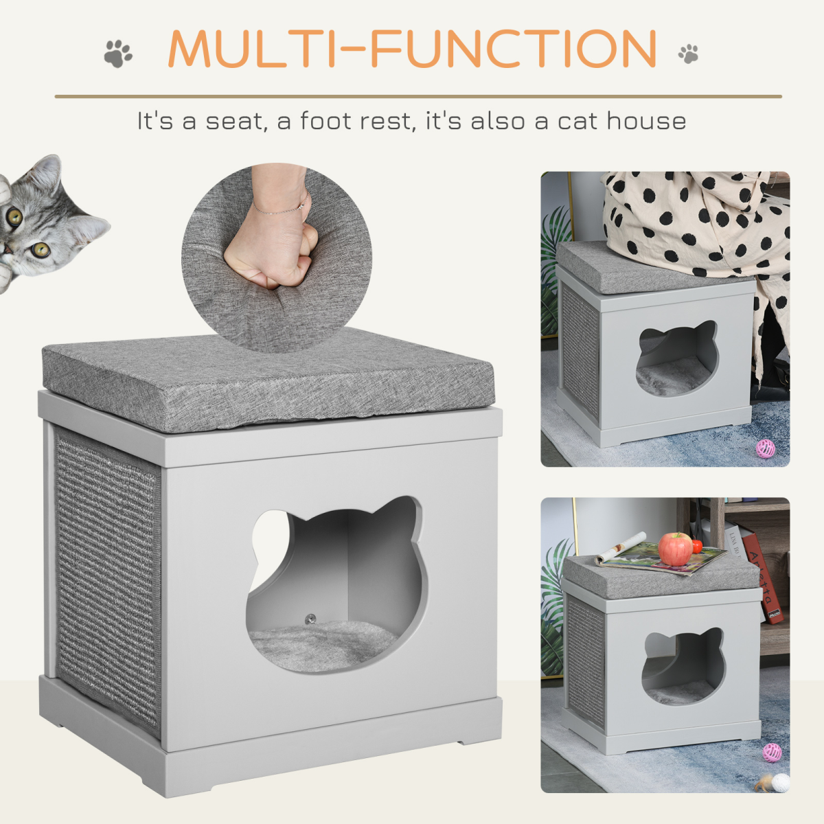 Cat House Bed Kitten Cave Cube Indoor w/ Soft Cushion Sisal Scratching Pad, Grey