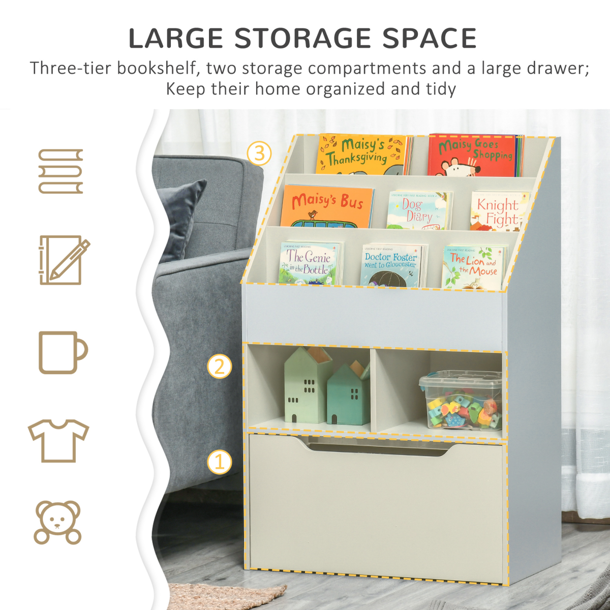 cortex-london-windsor-kids-bookshelf-toy-box-storage-drawer-wheels-grey