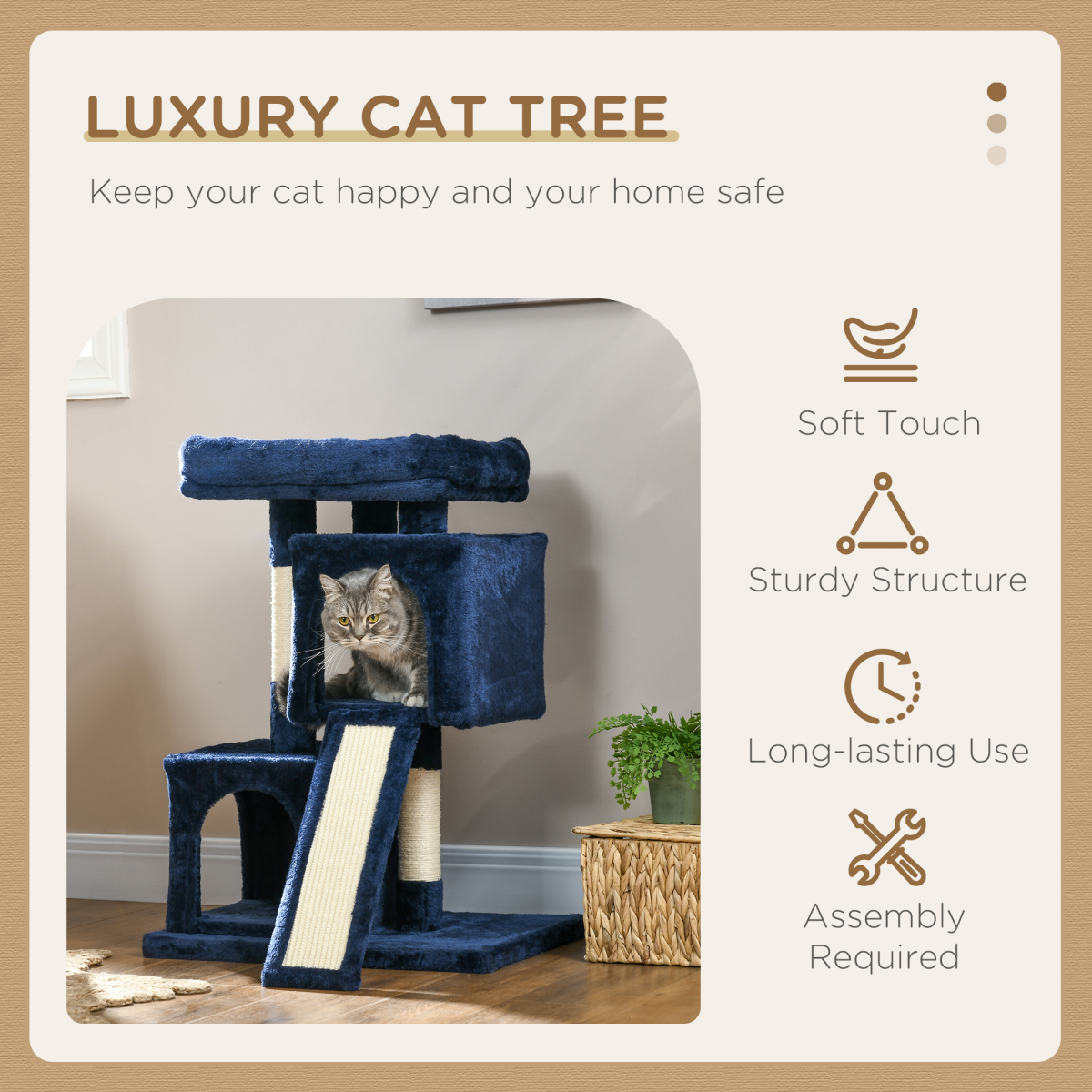 PawHut Cat Rest & Play Activity Tree w/ 2 House Perch Scratching Post Navy Blue