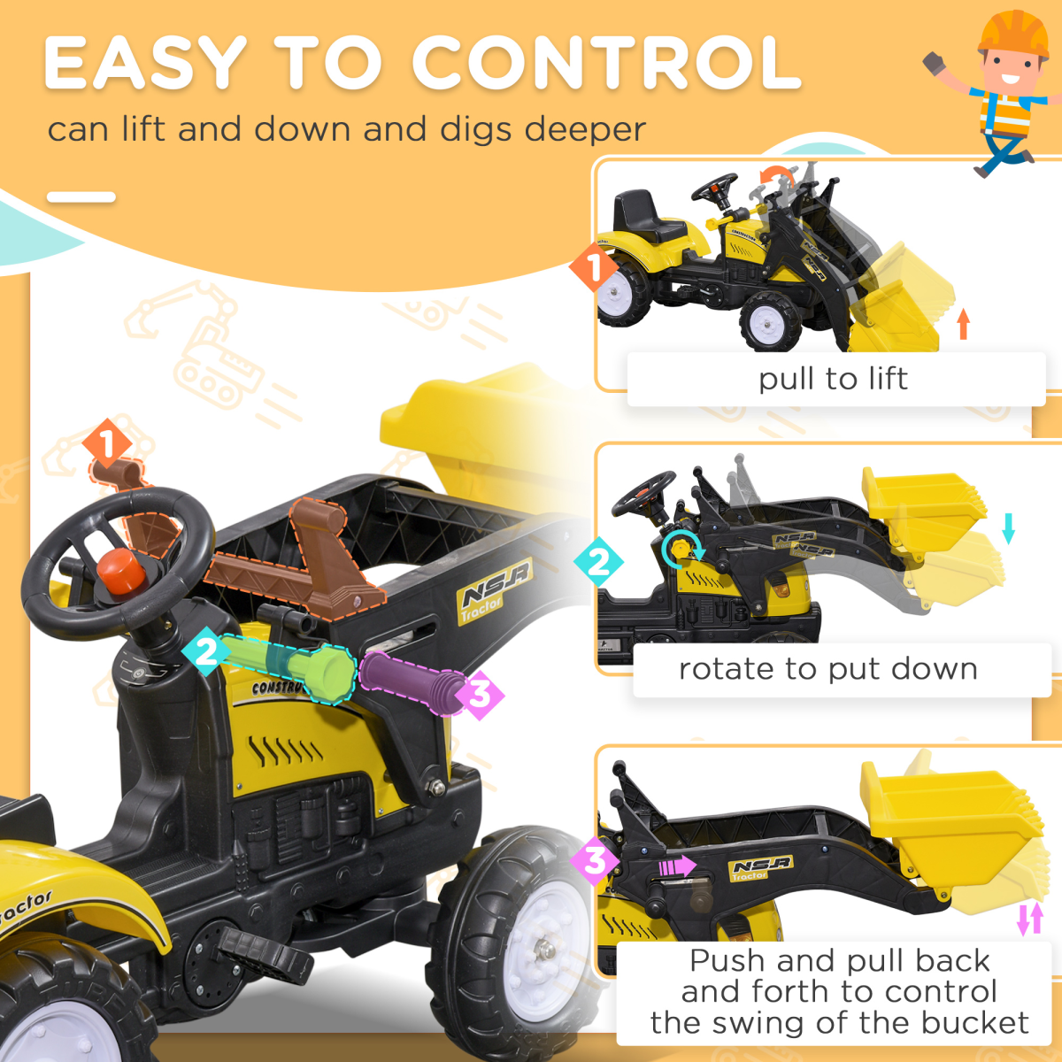 cortex-london-homcom-york-pedal-go-kart-ride-on-excavator-yellow-black