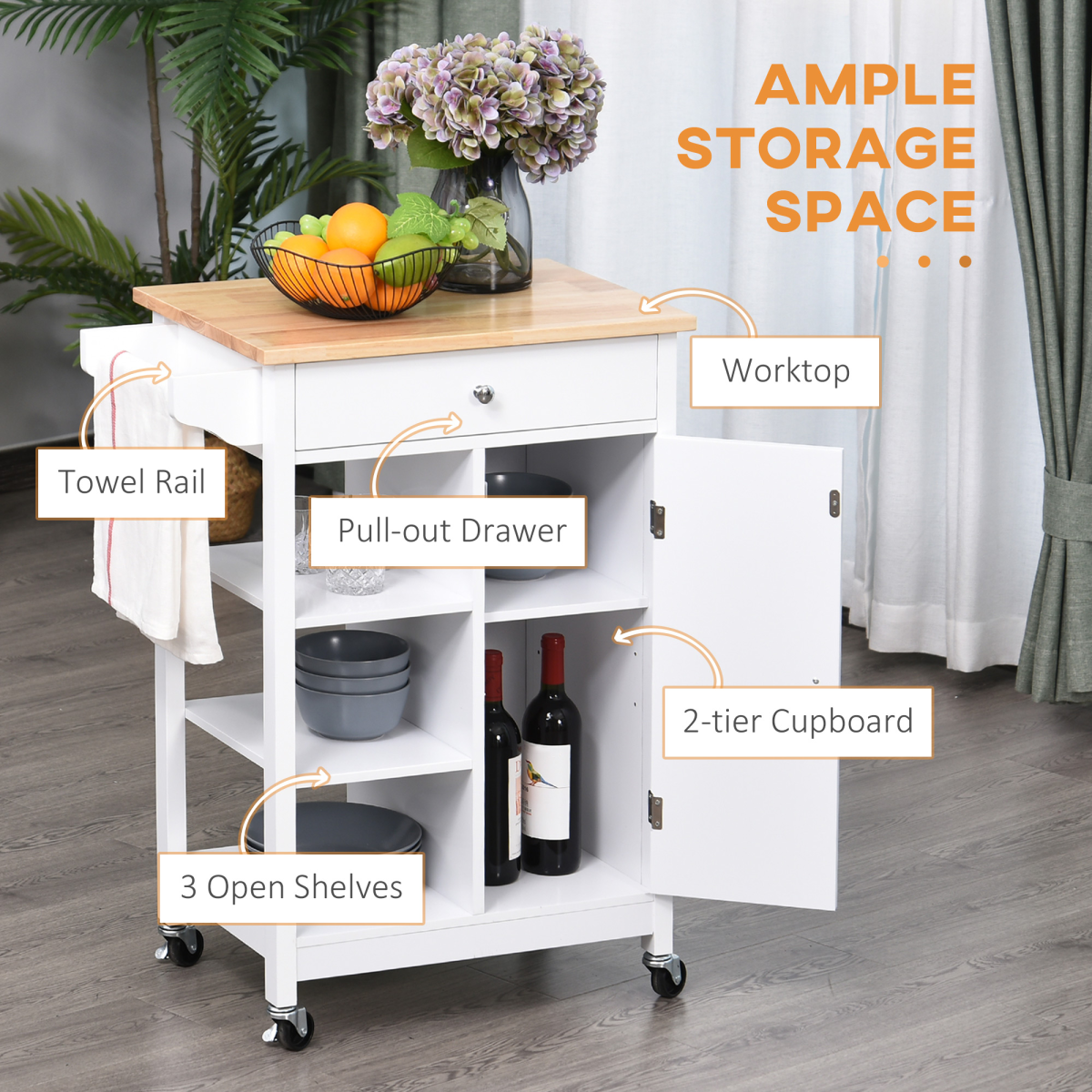cortex-london-york-white-mdf-kitchen-storage-trolley-large-pull-out-drawer-three-open-shelves-adjustable-cabinet-shelf-side-hanging-rail-wheels