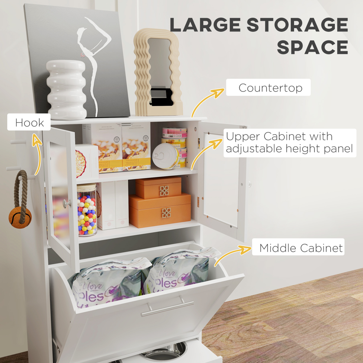 PawHut Dog Feeding Station with 2 Storage Cabinets, 2 Elevated Bowls, White