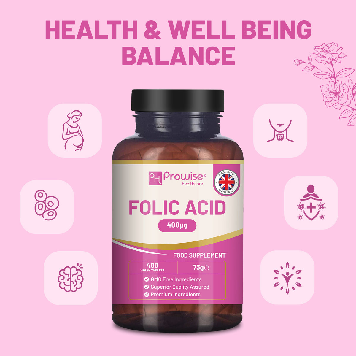 Folic Acid Tablets 400 mcg - 400 Vegan Vitamin B9 Tablets