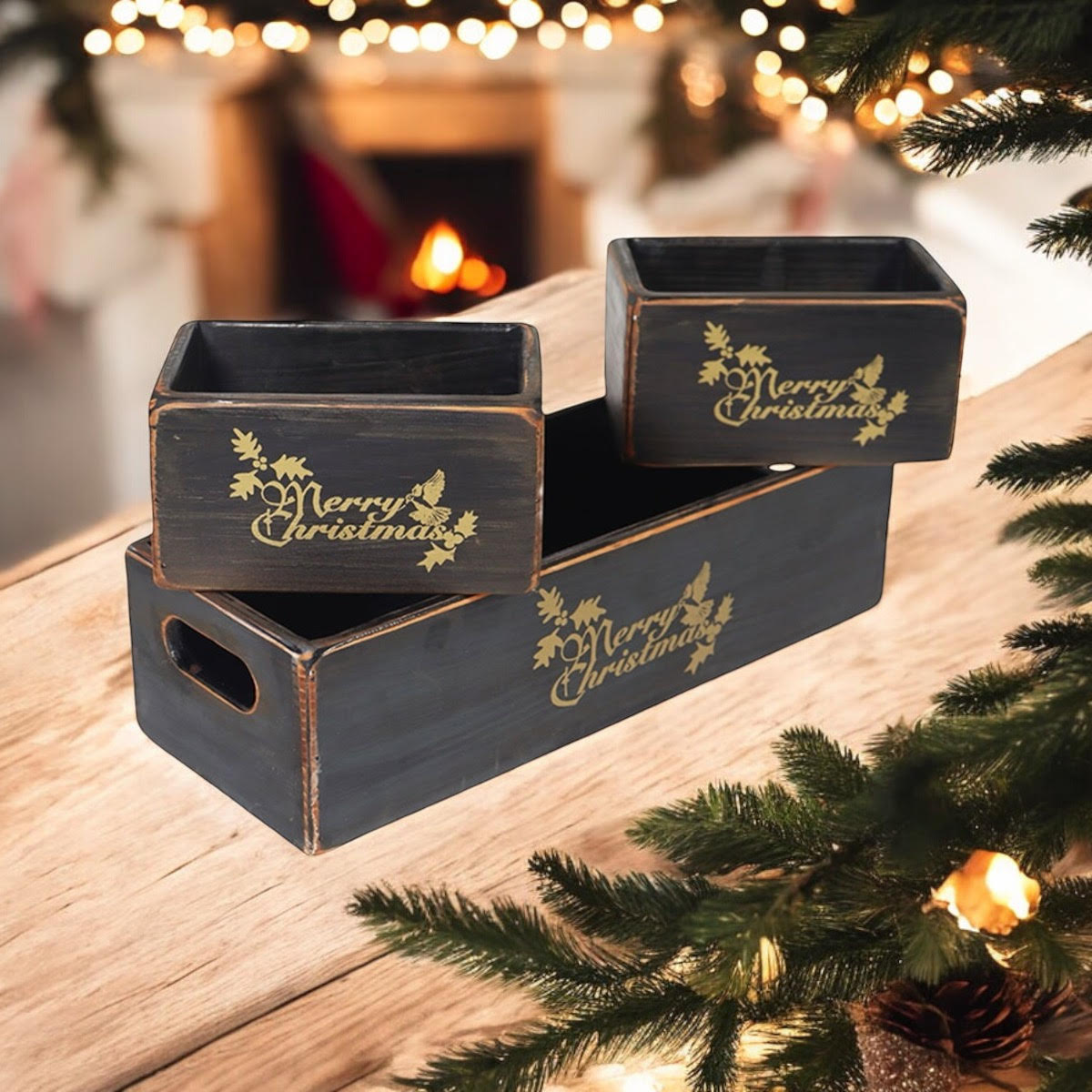 AcaciaHome Stylish and Vintage Wooden Merry Christmas Storage Crate Set – 3 Rustic Display Boxes for Garden & Home Decor – Stackable, Durable, Space-Saving Design for Home & Outdoor Use (Light Black)