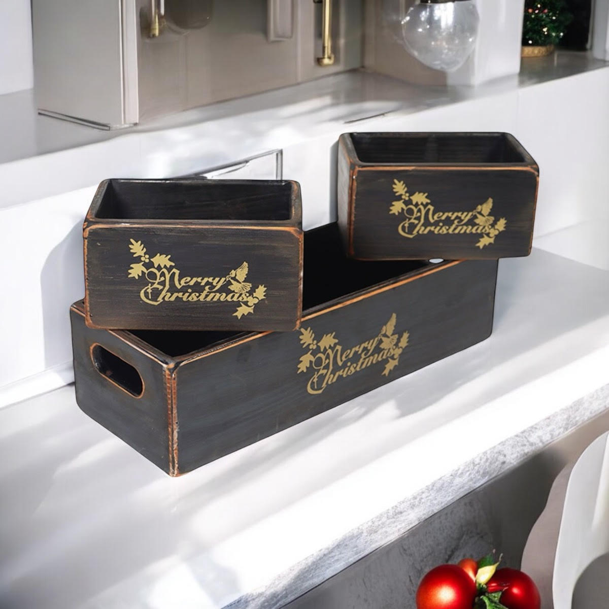 AcaciaHome Stylish and Vintage Wooden Merry Christmas Storage Crate Set – 3 Rustic Display Boxes for Garden & Home Decor – Stackable, Durable, Space-Saving Design for Home & Outdoor Use (Light Black)