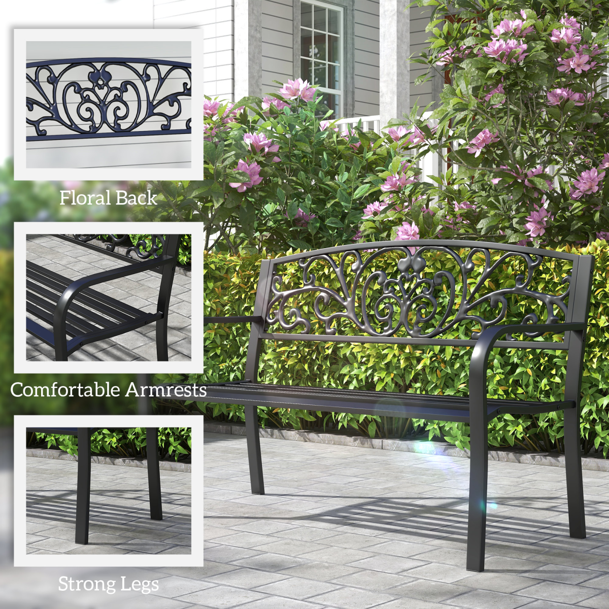 cortex-london-windsor-two-seater-steel-garden-bench-black-floral-backrest