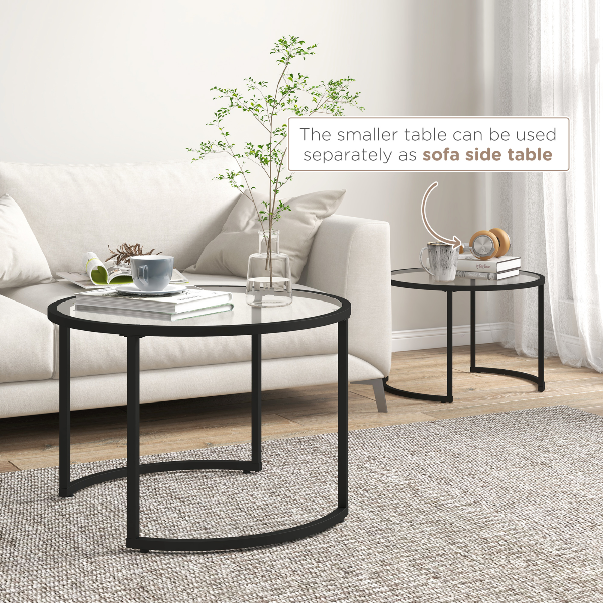 HOMCOM Glass Coffee Table Set of 2, Round Nest of Tables for Living Room
