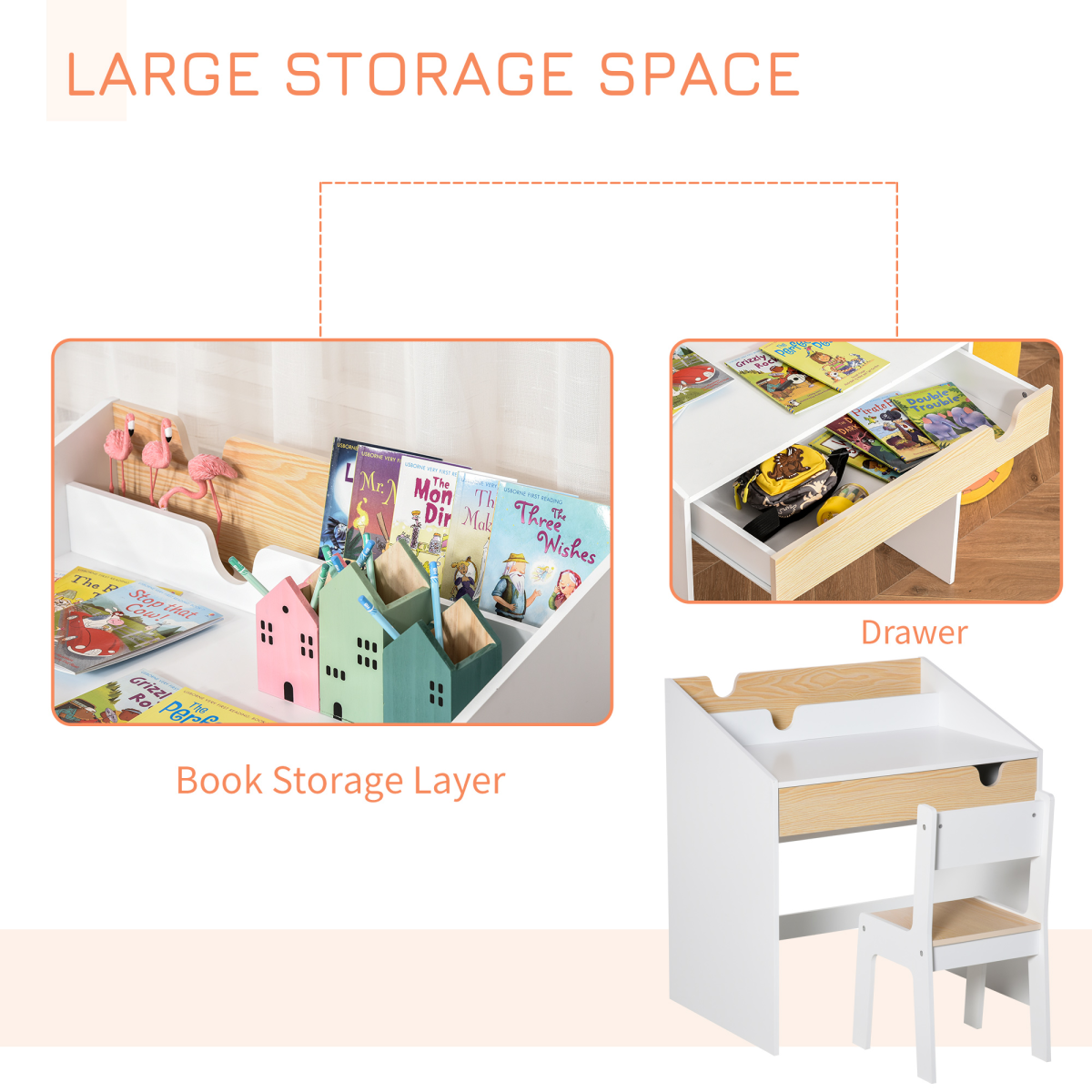 Two-Piece Kids Desk and Chair Set Children Study Table w/ Storage