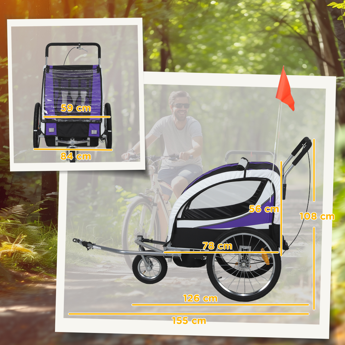 cortex-london-windsor-two-seat-child-bike-trailer-purple-steel-oxford-fabric