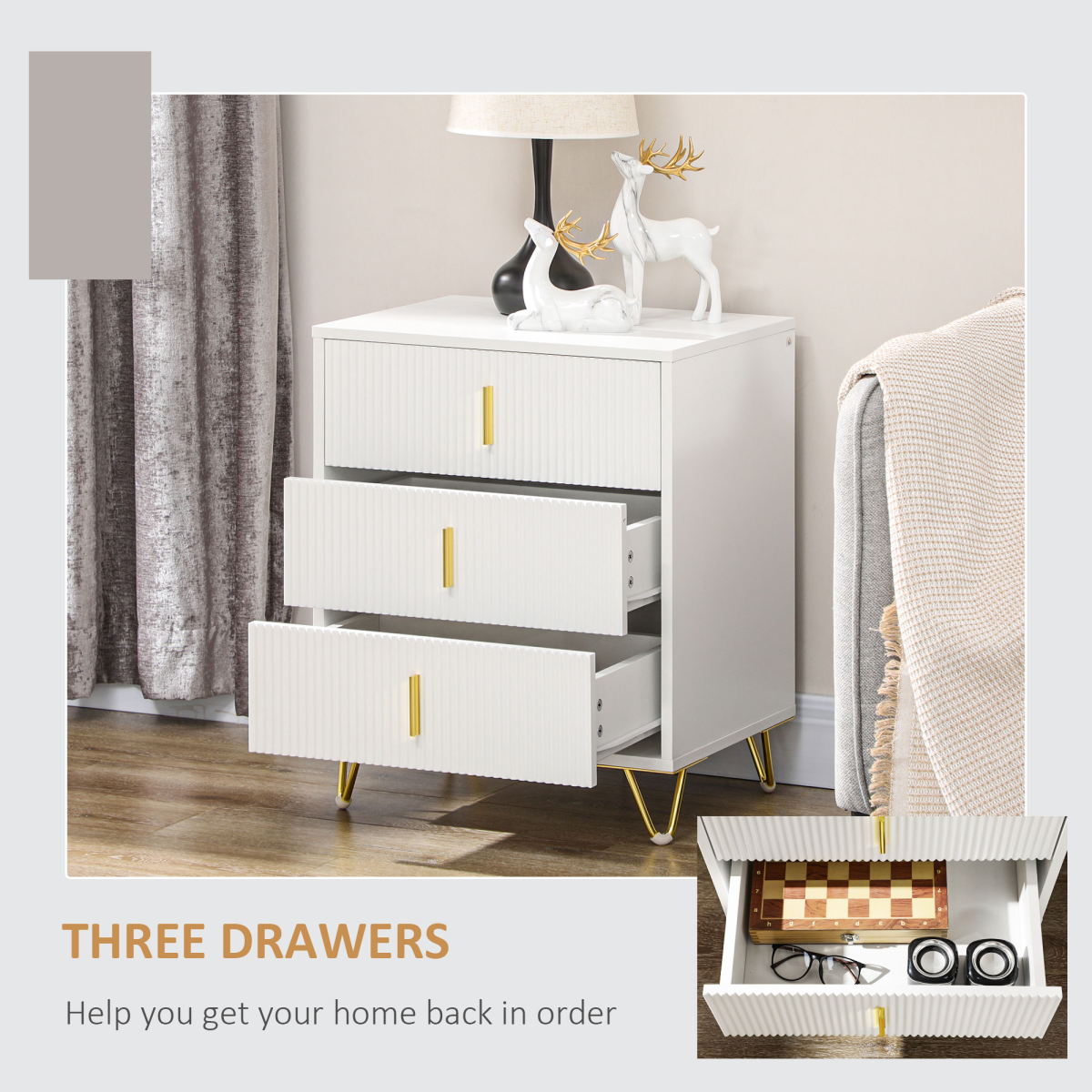 cortex-london-kensington-white-three-drawer-chest-ridged-front-gold-coloured-accents