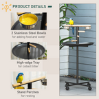 Bird Play Stand Portable Feeder Station w/ Wooden Perches, Stainless Steel Bowls