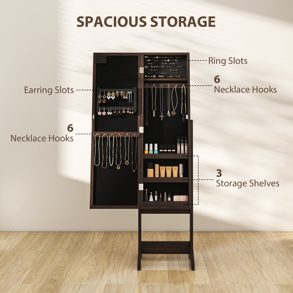 Freestanding Mirrored Jewellery Storage Cabinet