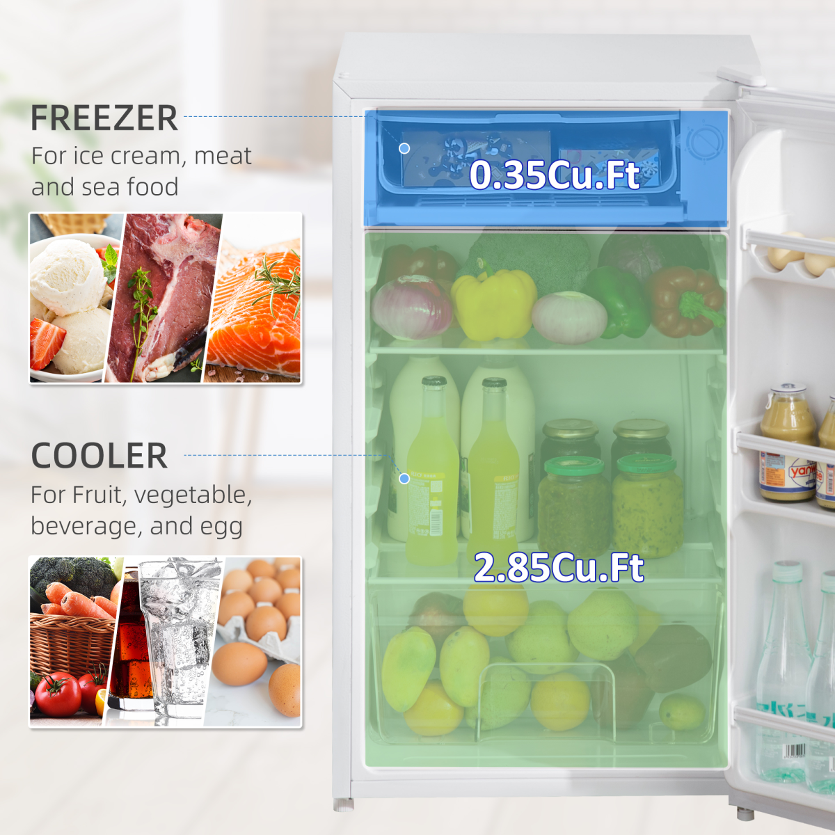 91L Freestanding Under Counter Fridge with Chiller Box Reversible Door White