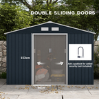9 x 6FT Garden Roofed Metal Storage with Foundation Vent & Doors, Dark Grey
