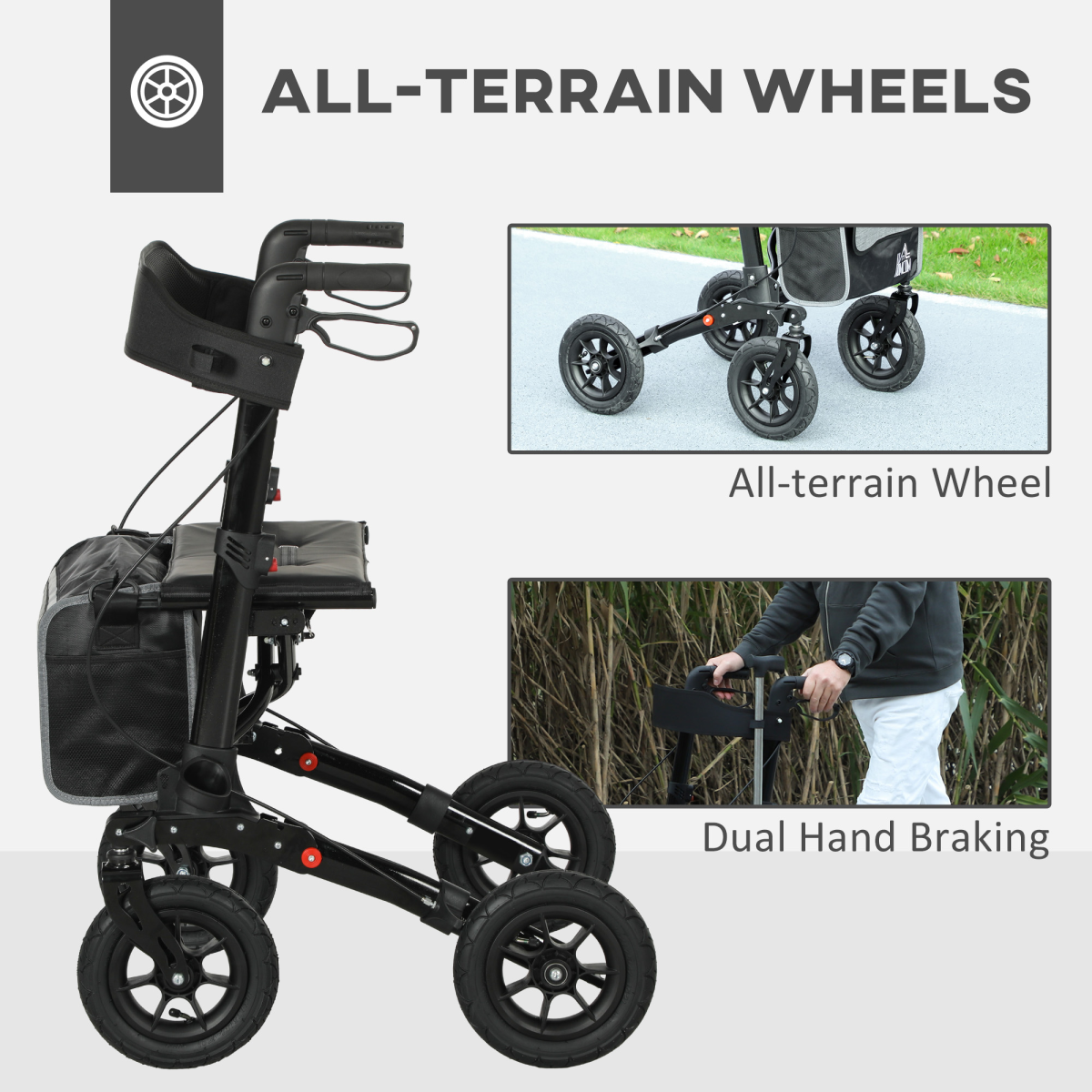 HOMCOM Rollator Walker with Padded Seat, Backrest, All-terrain Wheels