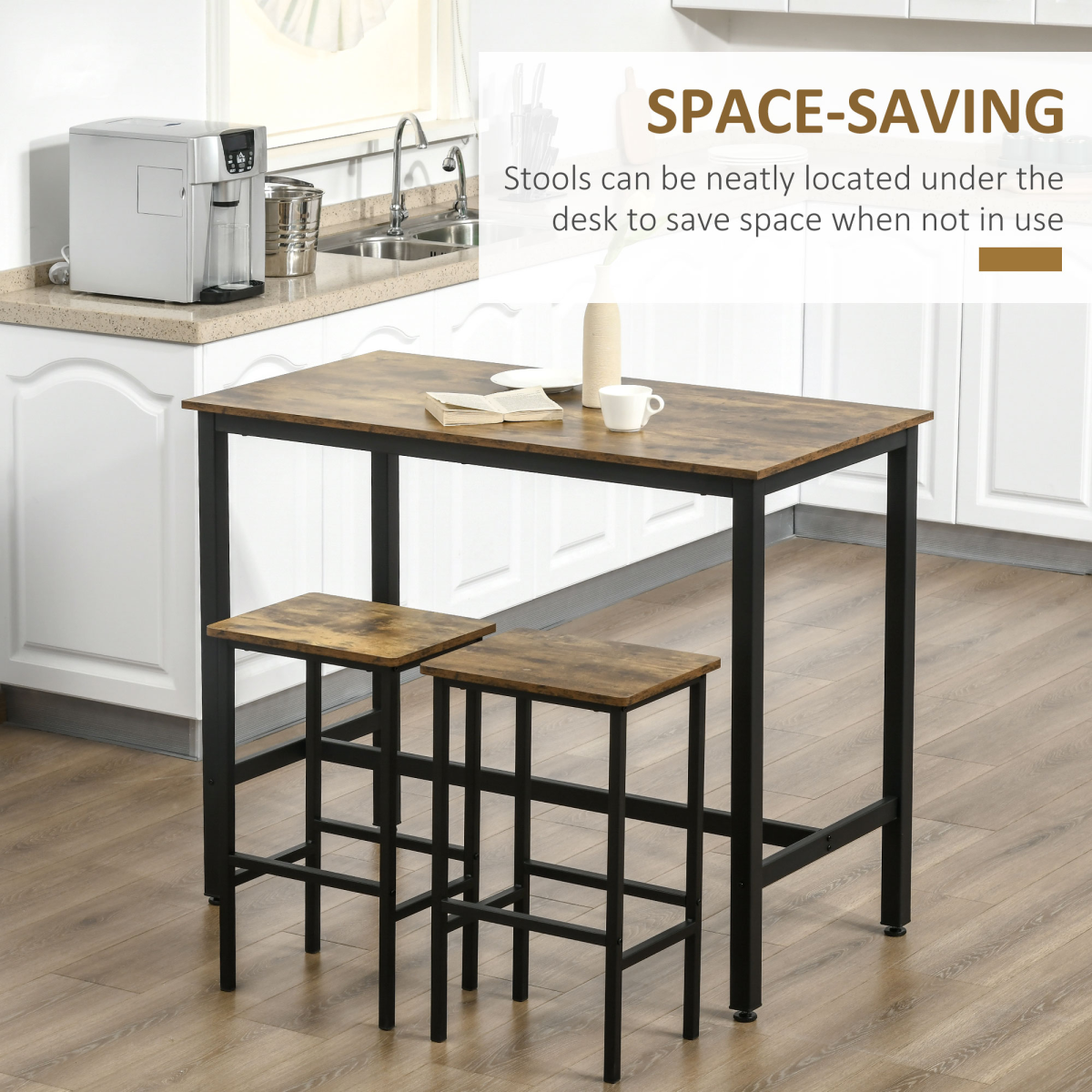 Industrial Bar Table Set, 2 Stools, 3PC Counter Height Rustic Brown