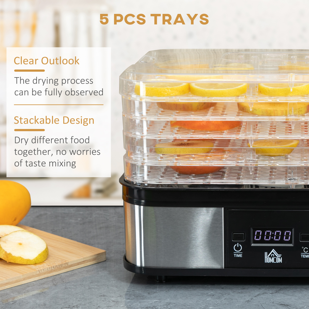 cortex-london-windsor-five-tier-245w-stainless-steel-food-dehydrator-lcd-silver