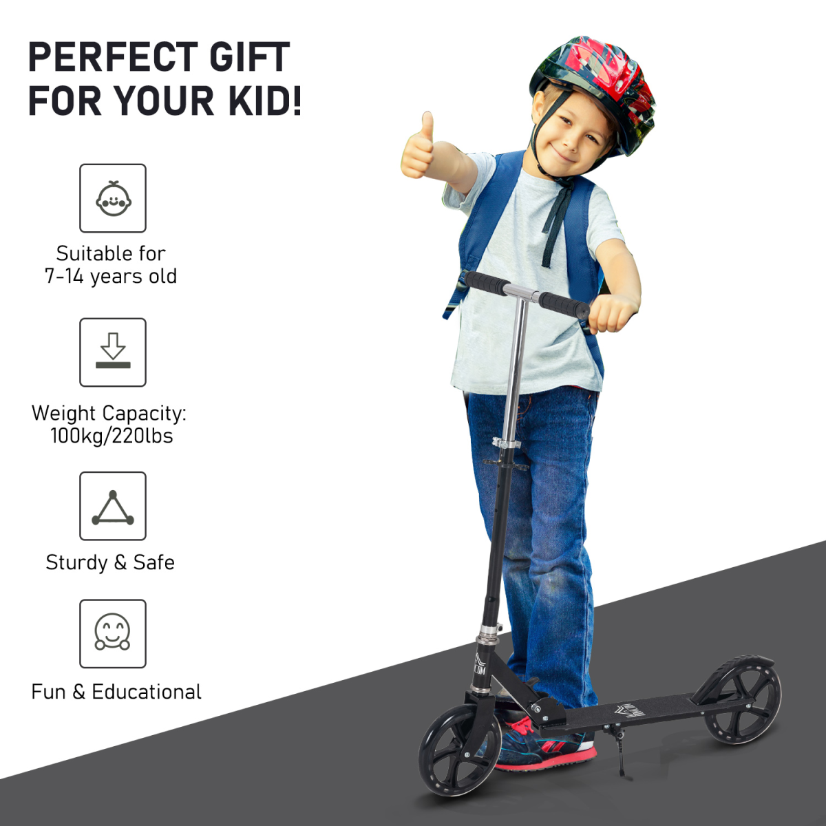 Kids Scooter Ride On Toy Height Adjustable For 7-14 Years, Black HOMCOM
