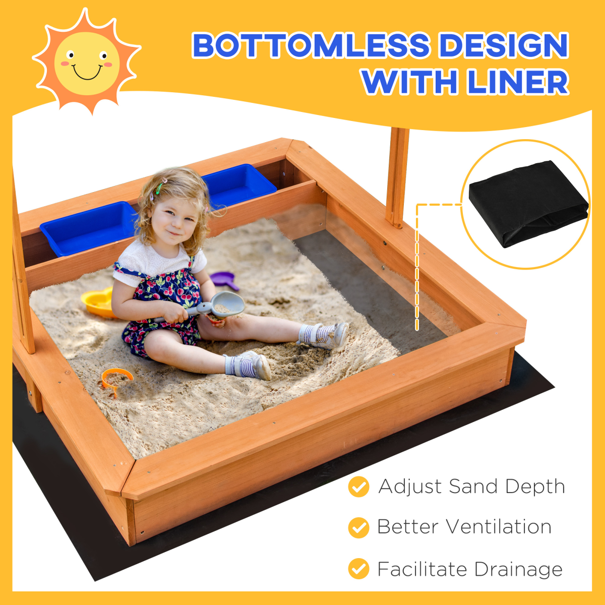 cortex-london-windsor-kids-wooden-sand-pit-adjustable-canopy-outsunny