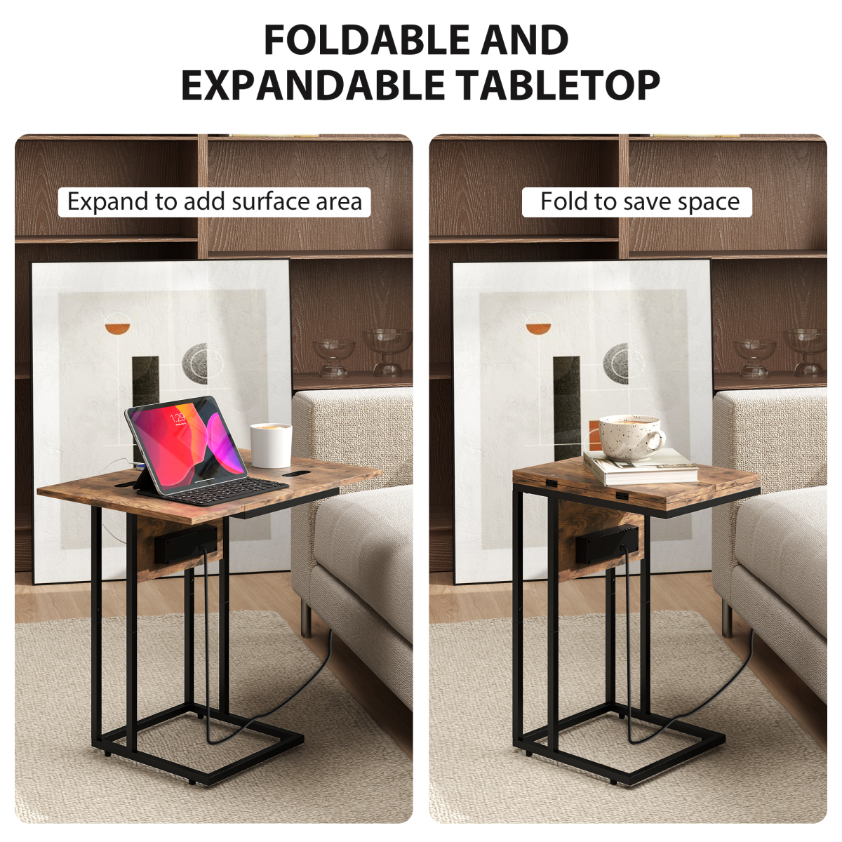 HOMCOM C Shaped Side Table with Charging Station and Foldable Top