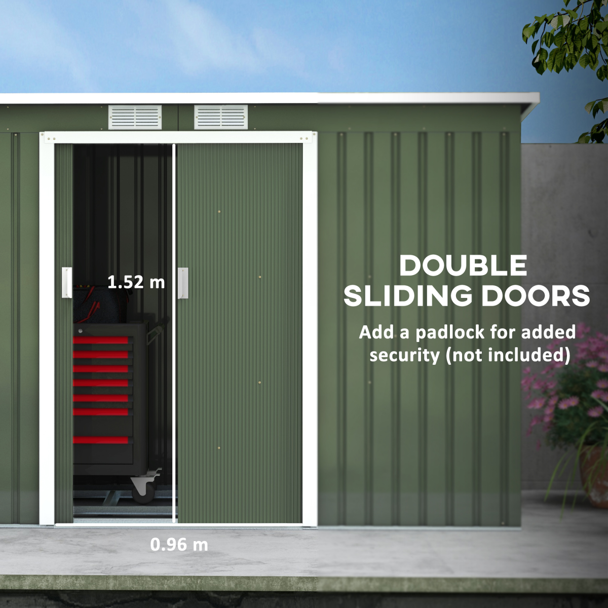 cortex-london-windsor-green-corrugated-metal-shed-9ft-by-4-point-25ft-with-foundation-ventilation-windows-and-lockable-double-doors