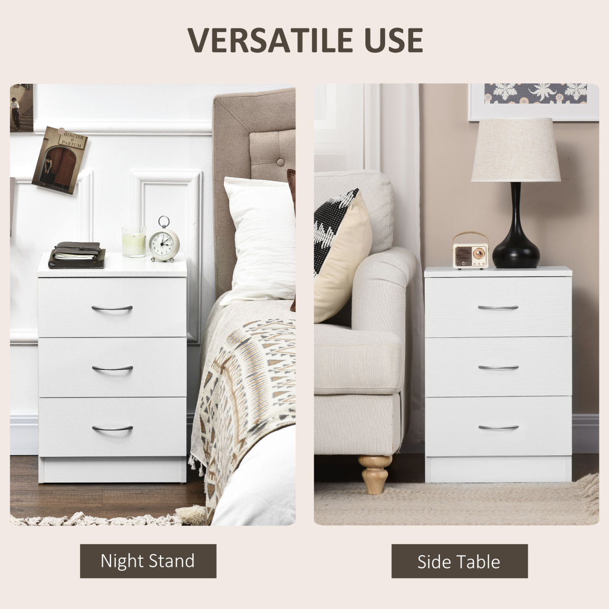 HOMCOM Modern 3 Drawers Side Cabinet Wooden Bedside Table White