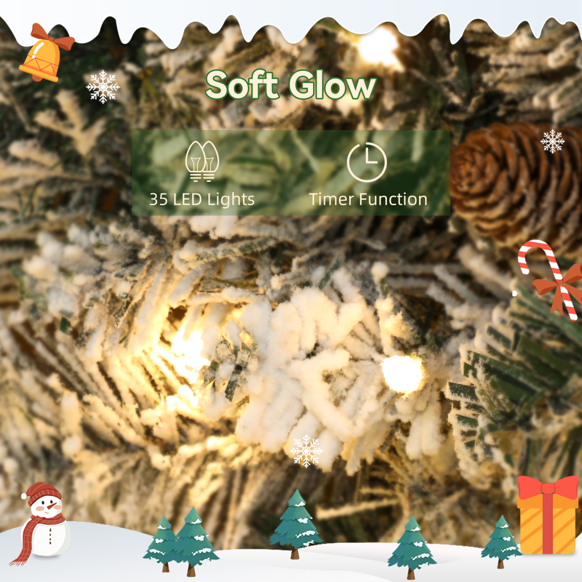 HOMCOM 60 cm Prelit Christmas Wreath, Flocked Front Door Wreath with Timer