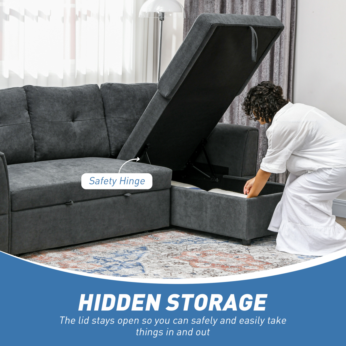 HOMCOM 3 Seater Sofa Bed, Convertible Pull Out Sofa with Storage, Dark Grey