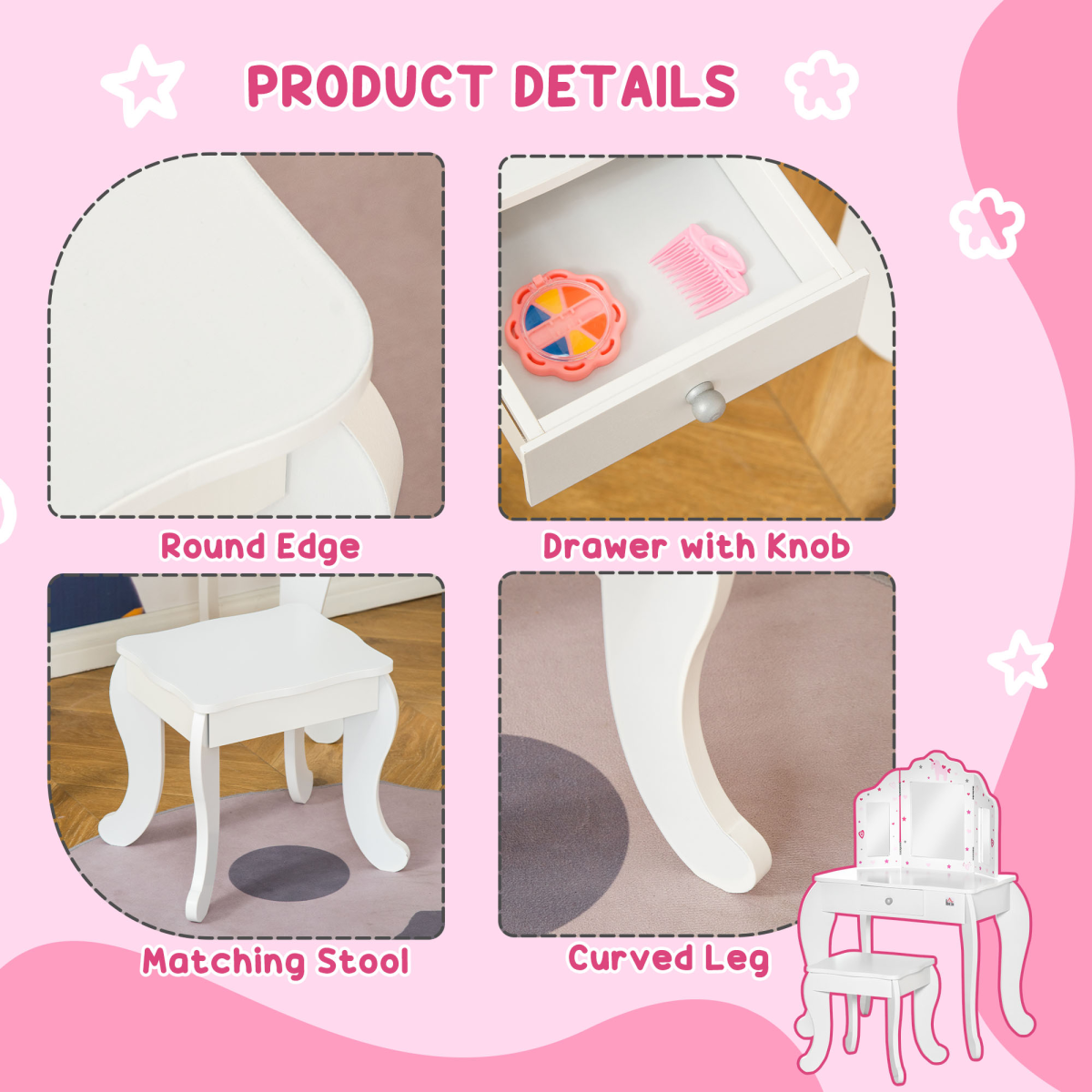 cortex-london-kensington-kids-vanity-table-stool-three-rotatable-mirrors-drawer-homcom