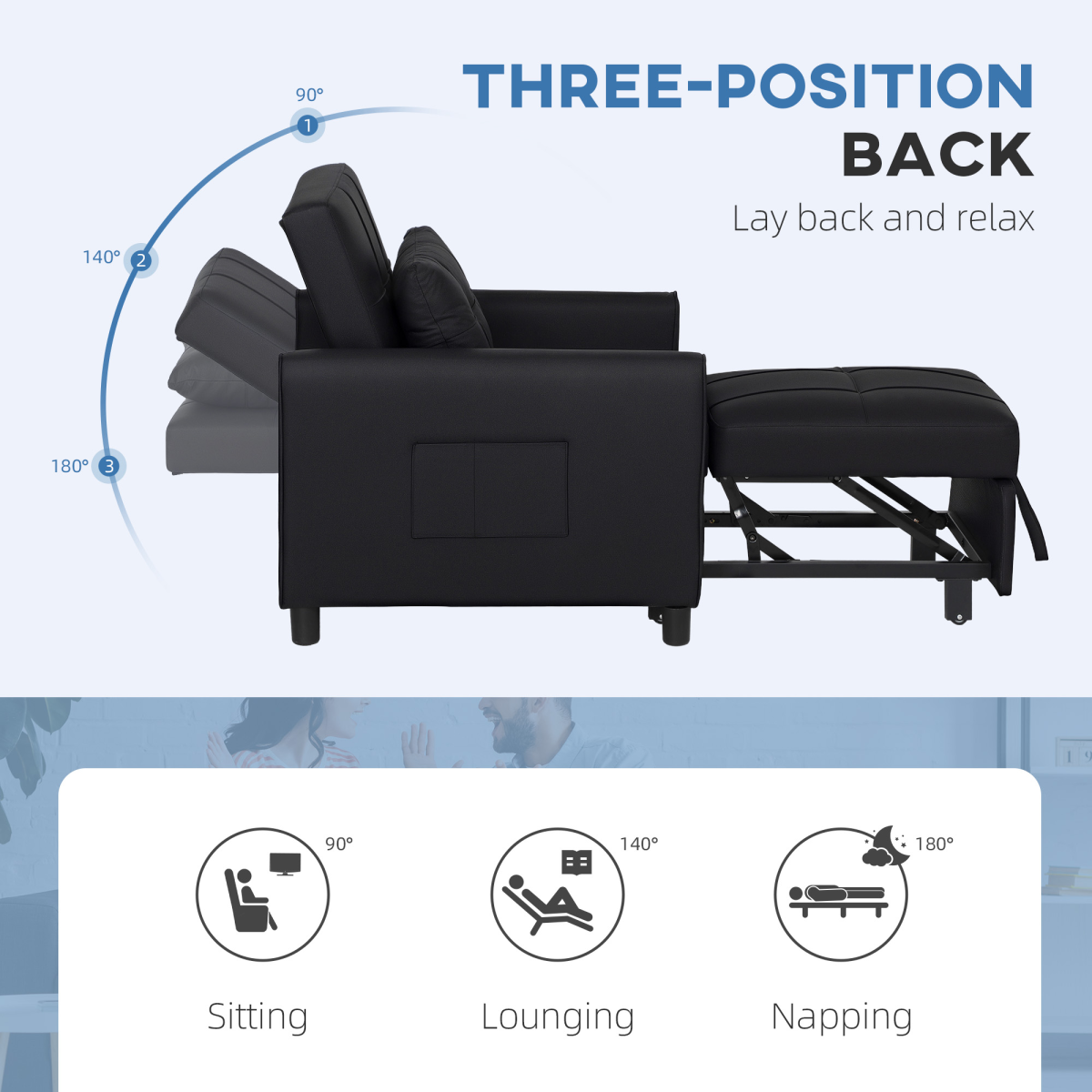 HOMCOM Folding Chair Bed, Sleeper Chair with Pillow, Side Pockets, Black