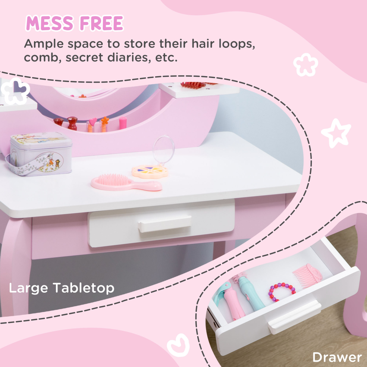 cortex-london-windsor-kids-pink-dressing-table-mirror-stool-drawer