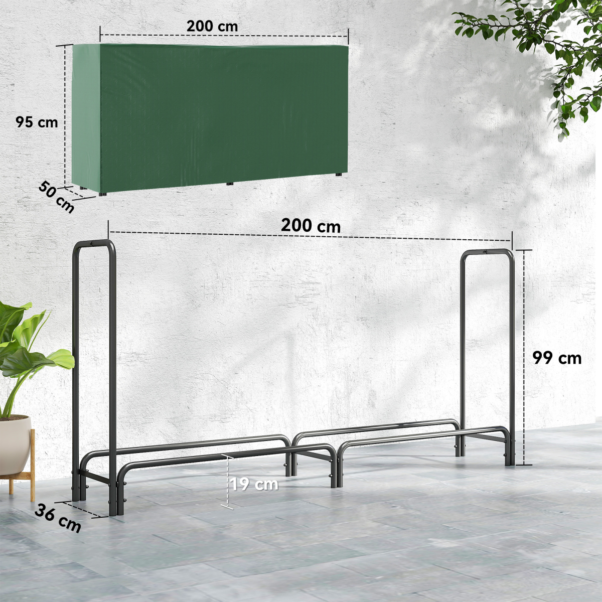 Robin Metal Firewood Rack, Log Holder, 200 x 36 x 99 cm, Dark Green