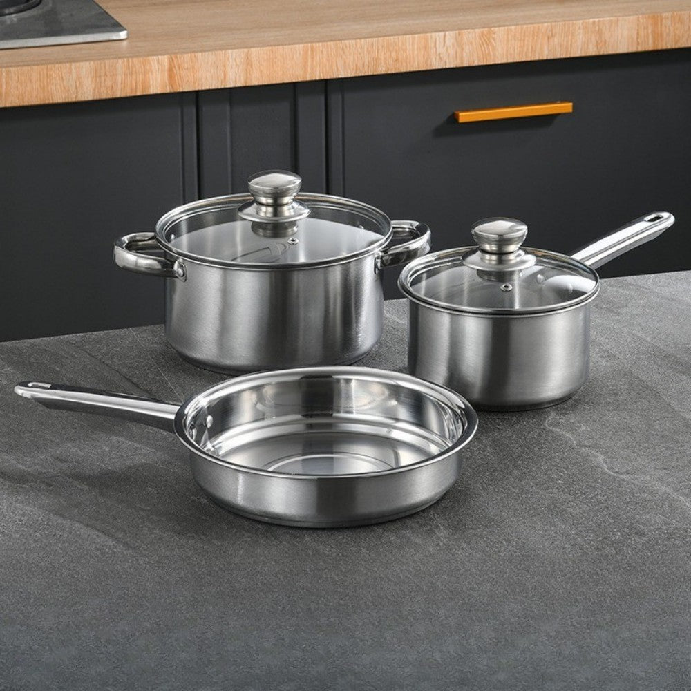 Stainless Steel 3Pcs Cookware Set Saucepan Stockpot Fry Pan w/Lids Steel Handle