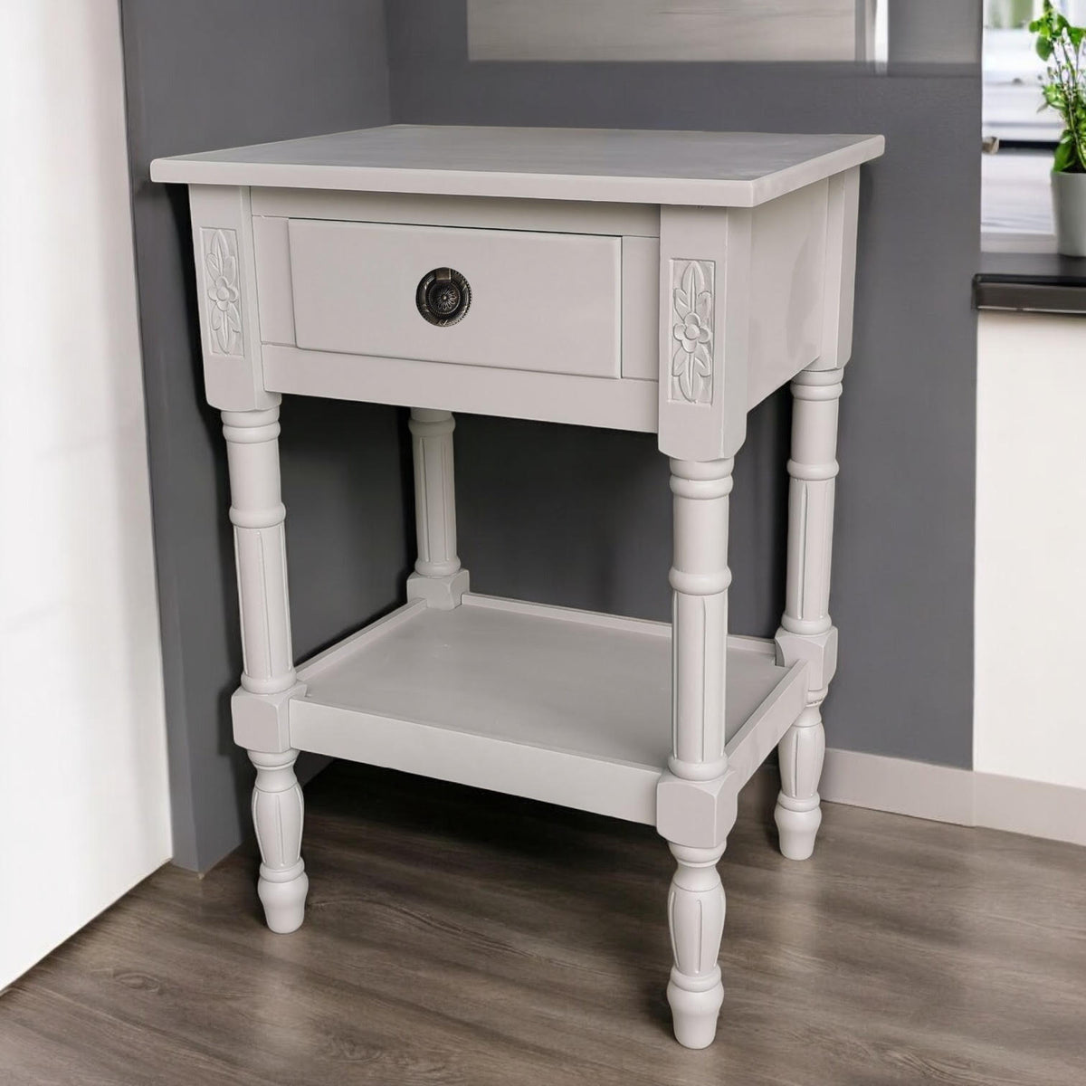 cortex-london-windsor-art-deco-grey-floral-solid-pine-bedside-side-table-with-drawer-and-shelf