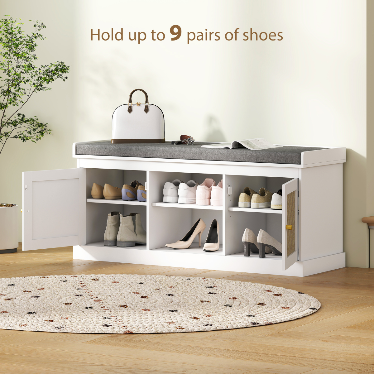 HOMCOM Shoe Bench, Boho Shoe Storage Bench with Padded Cushion, White