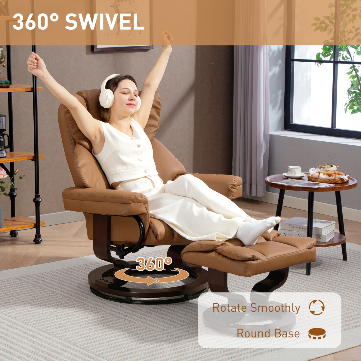 HOMCOM PU Leather Manual Reclining Armchair Footstool Padded Seat Brown