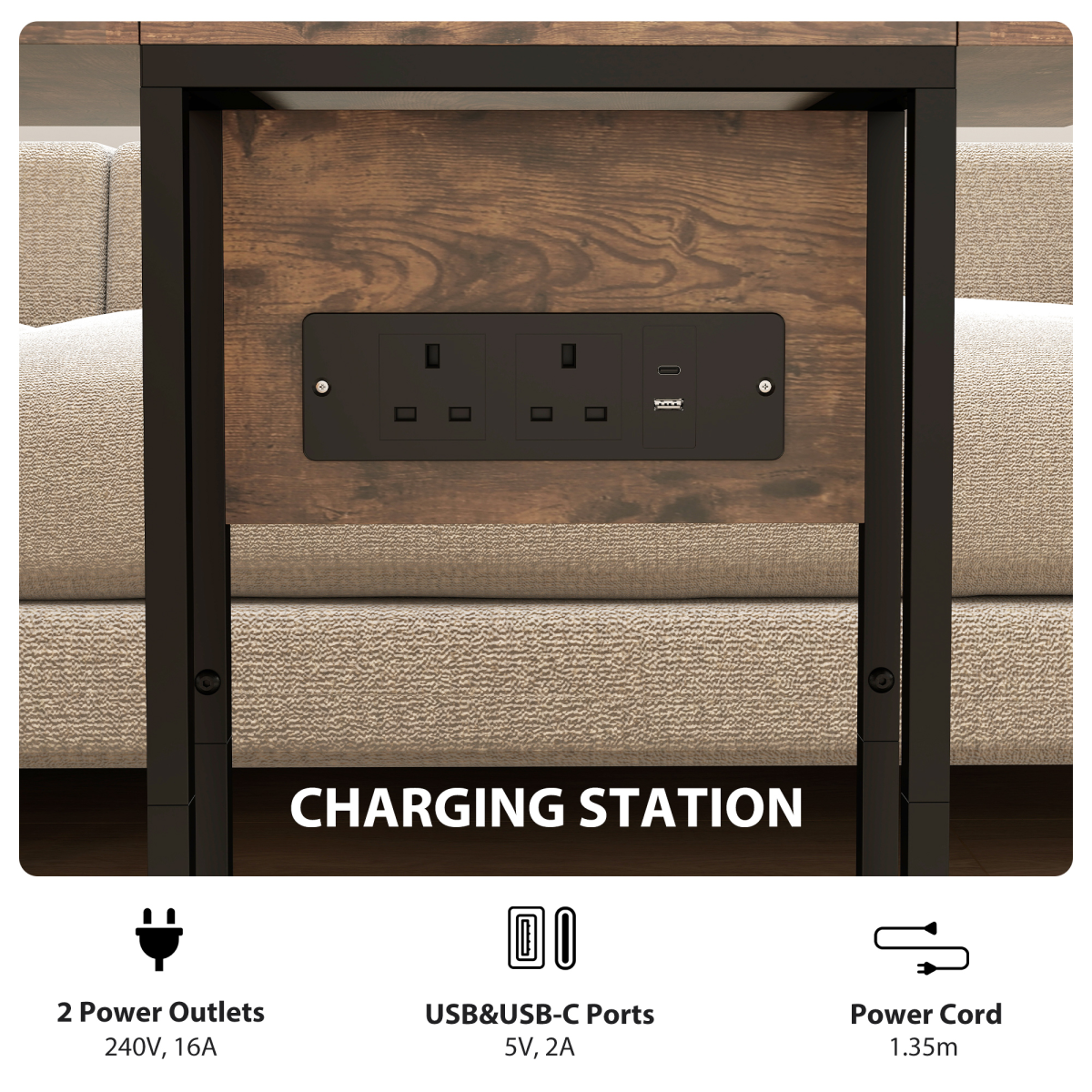 HOMCOM C Shaped Side Table with Charging Station and Foldable Top