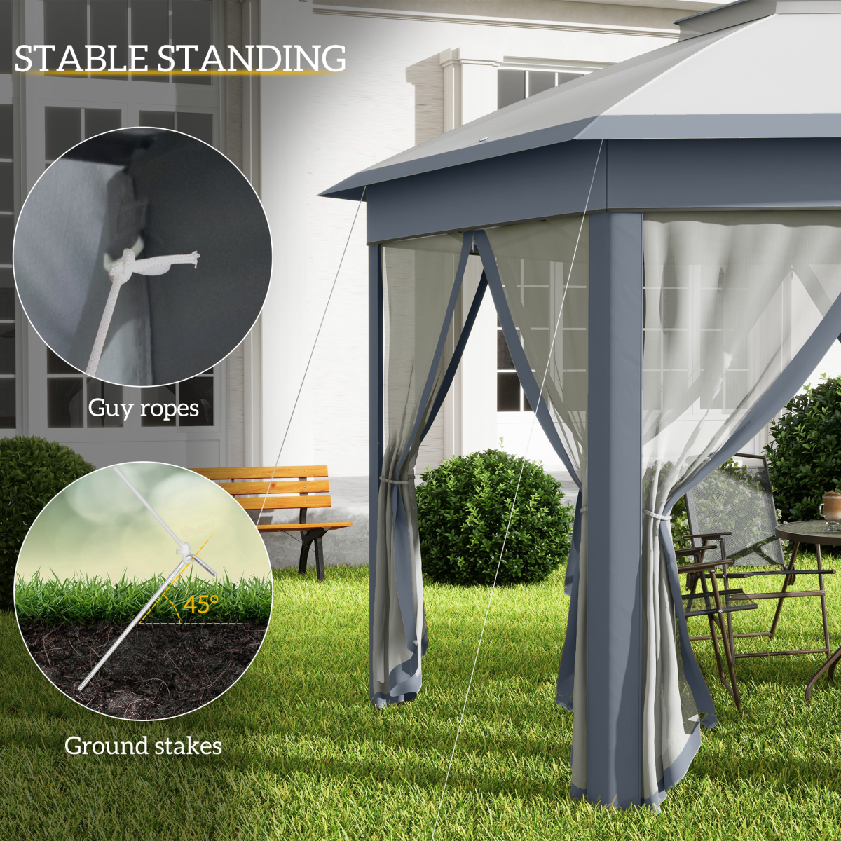 Hexagon Pop Up Gazebo Double Roof Netting, 4m x 4m, Grey w/ Mesh, 4x4m