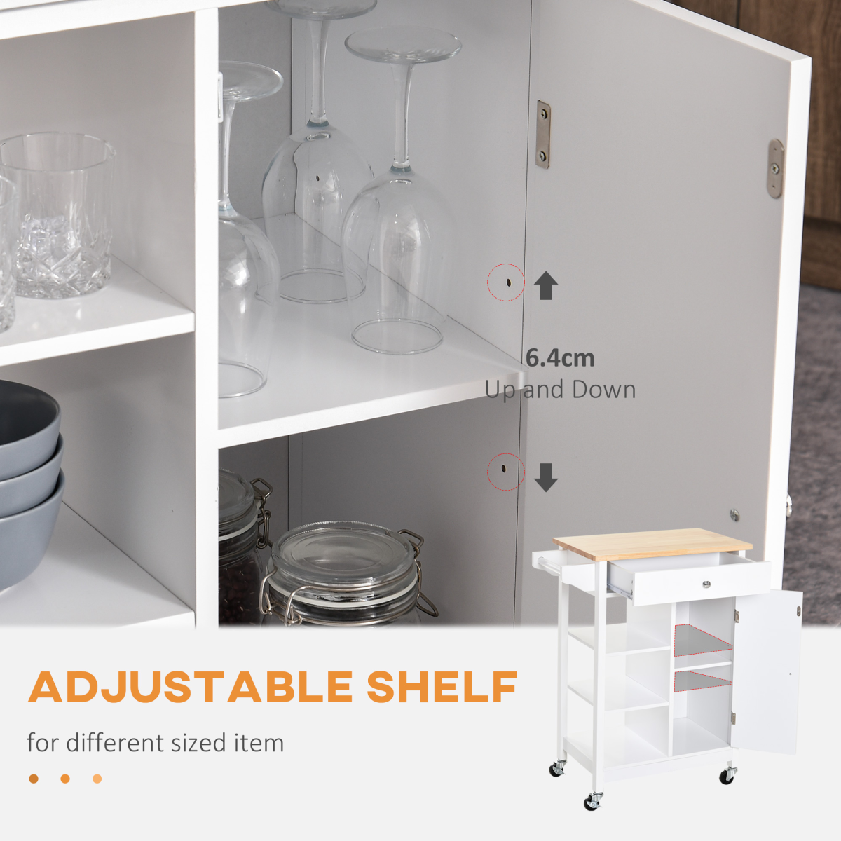 cortex-london-york-white-mdf-kitchen-storage-trolley-large-pull-out-drawer-three-open-shelves-adjustable-cabinet-shelf-side-hanging-rail-wheels