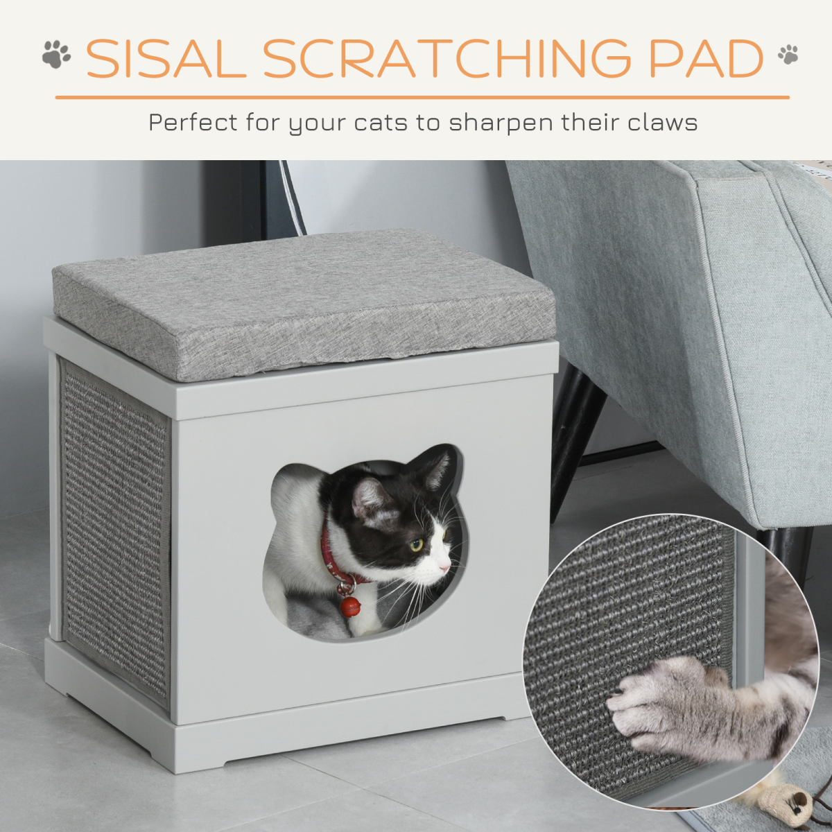 cortex-london-york-grey-cat-house-bed-kitten-cave-cube-with-soft-cushion-sisal-scratching-pads