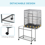 Rolling Bird Cage w/ Detachable Stand, Storage Shelf, Wood Perch, Food Container