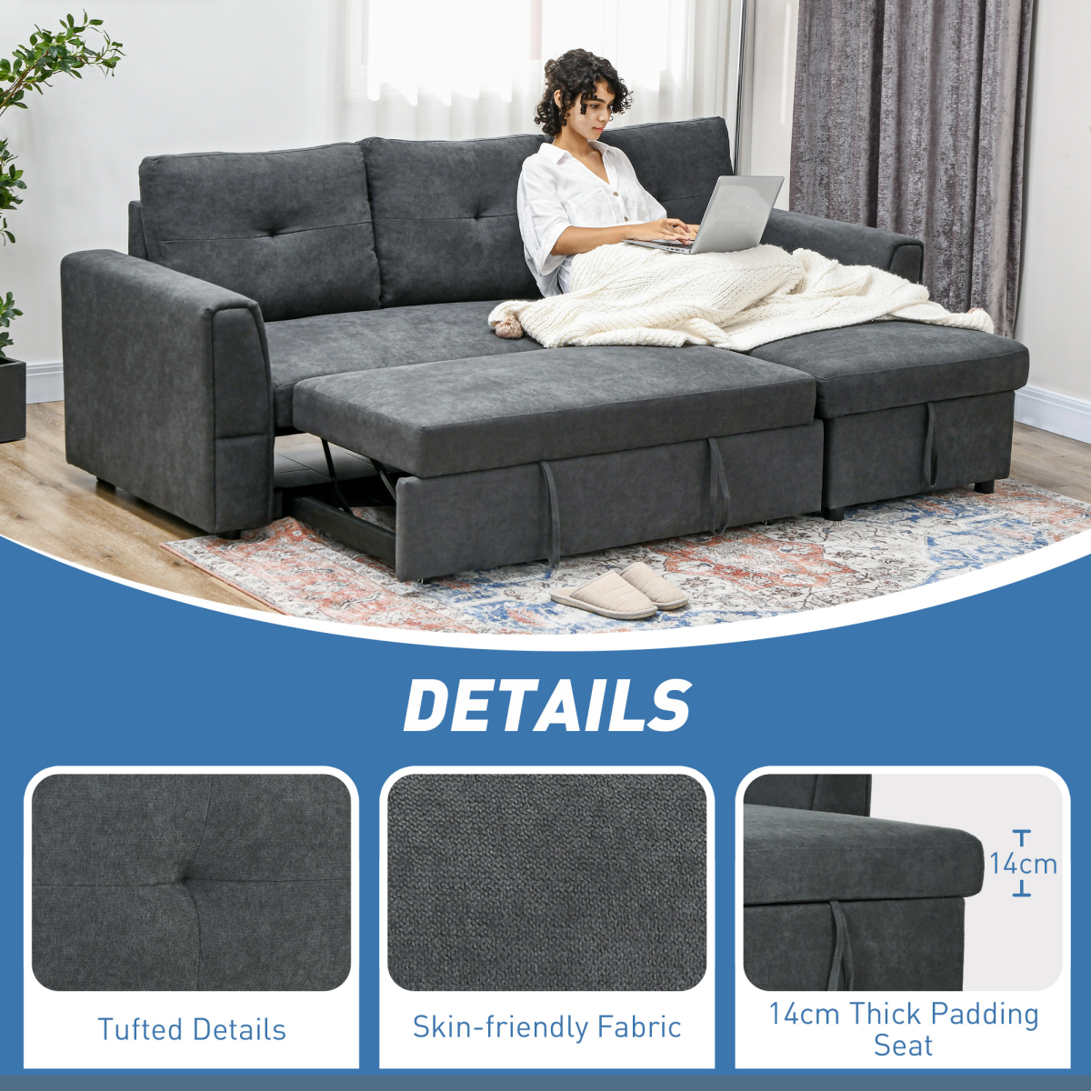 HOMCOM 3 Seater Sofa Bed, Convertible Pull Out Sofa with Storage, Dark Grey