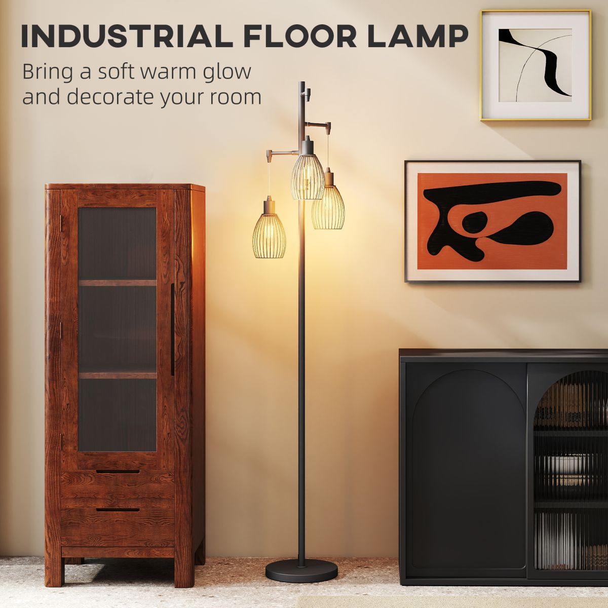 HOMCOM Industrial 3-Light Floor Lamp Dimmable LED Standing Lamp, Black