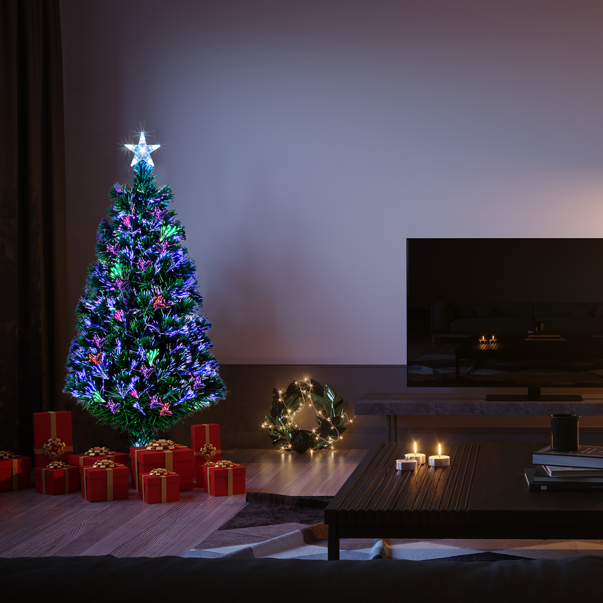 FCH 3ft Top With Stars Plastic Base PVC Material Optical Fiber Colorful And Color-Changing 85 Branches Christmas Tree White
