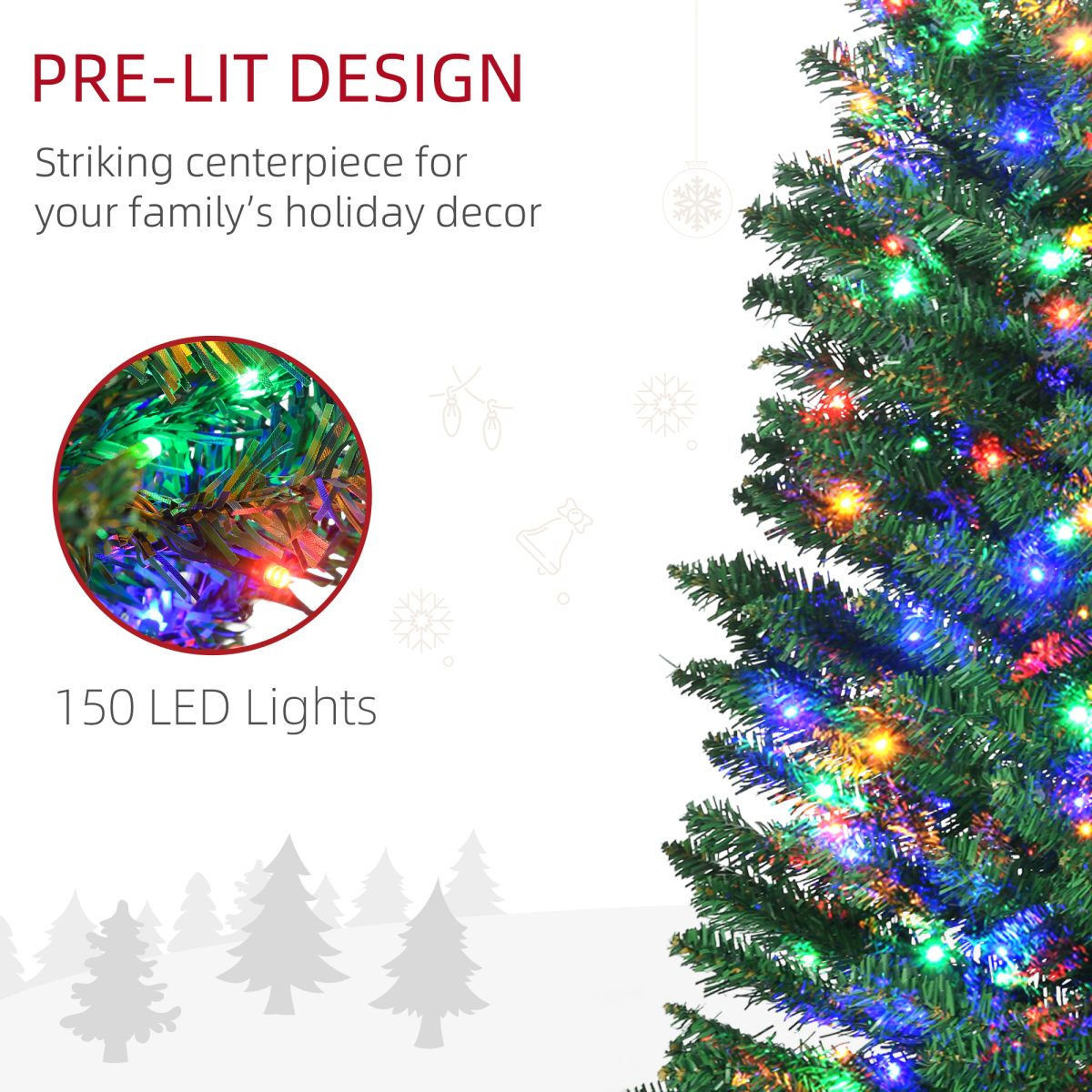 HOMCOM 6ft Artificial Pencil Christmas Tree with Colourful Lights, Steel Base