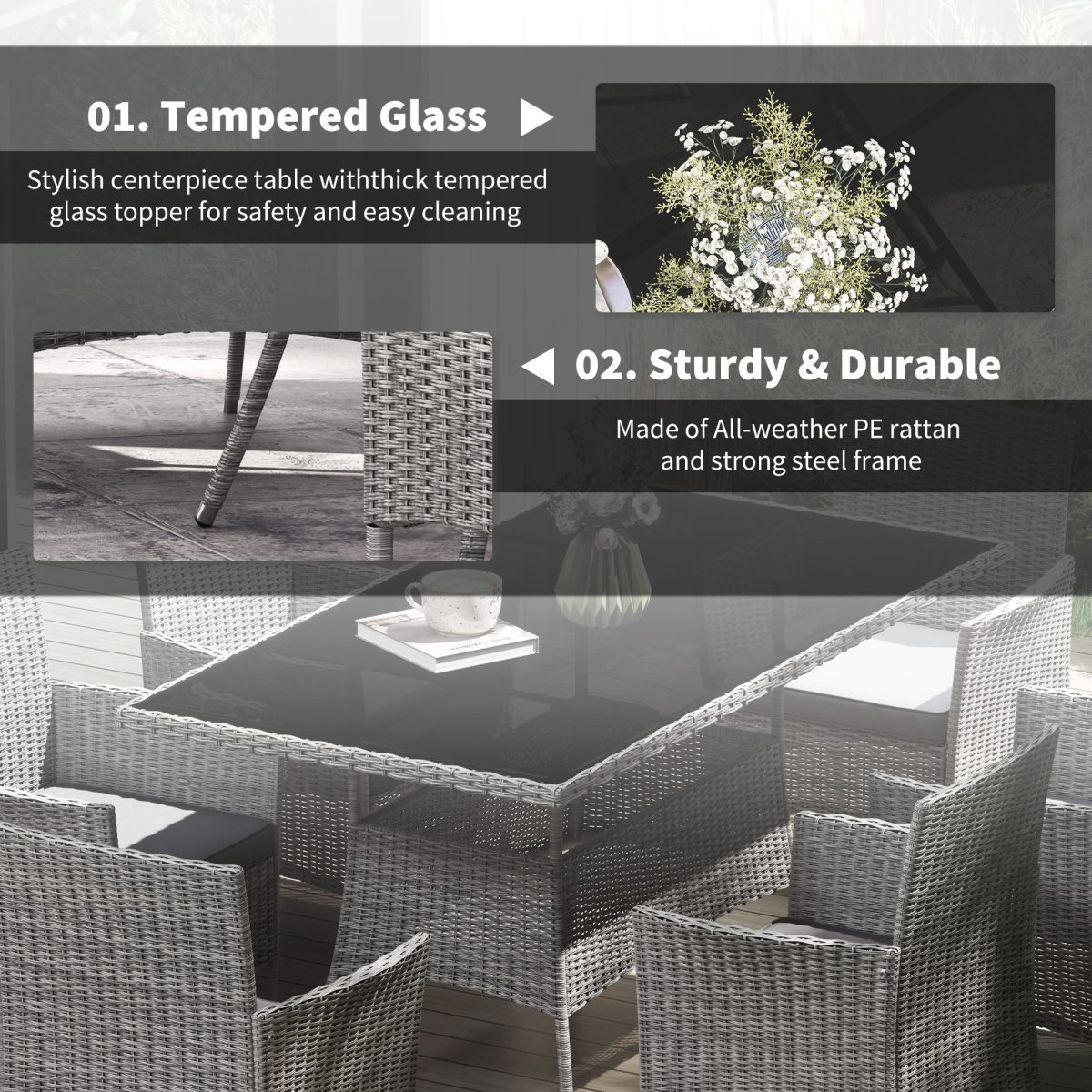 Outsunny Rattan Dining Set for 6 with Cushions, Glass Top Table