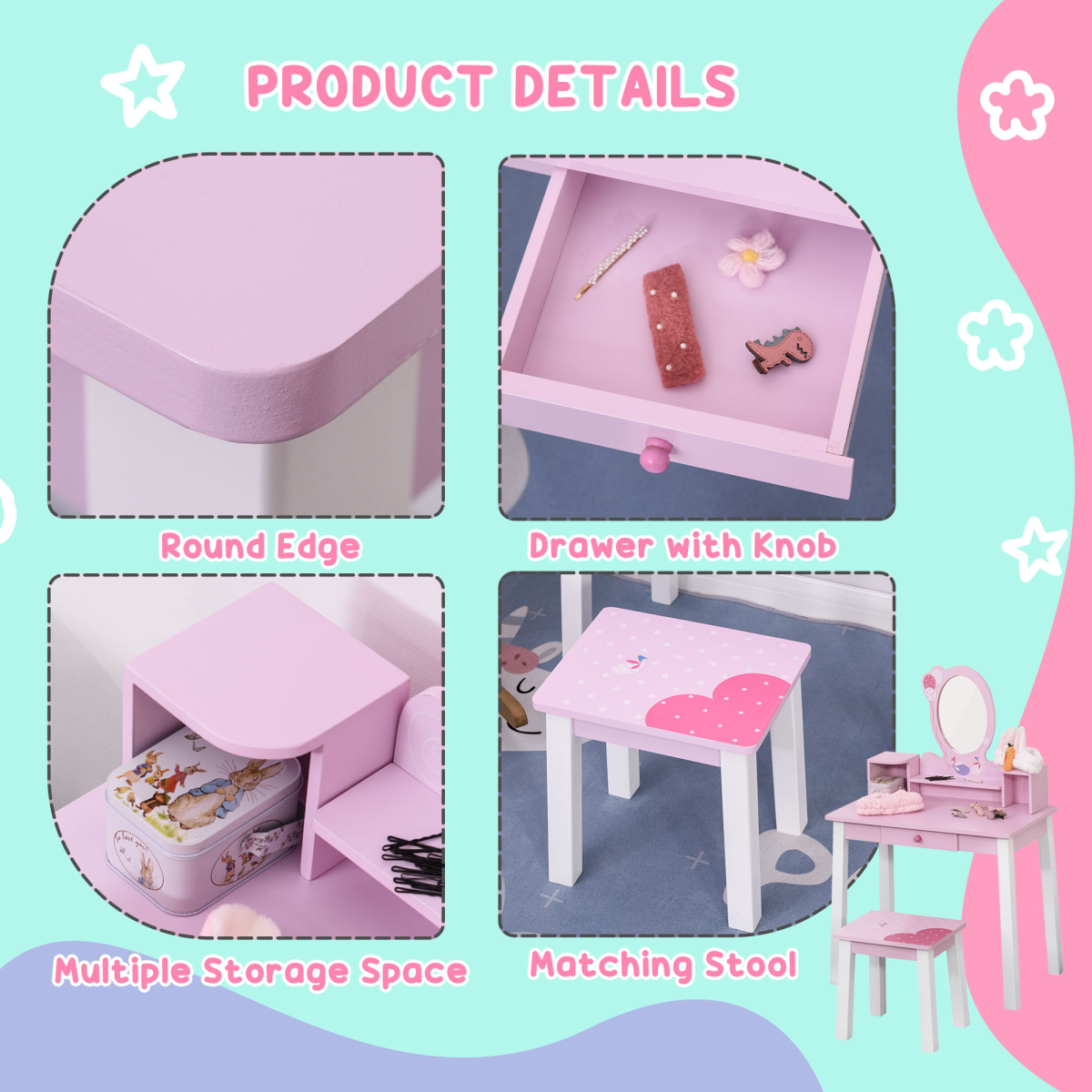 cortex-london-windsor-kids-pink-dressing-table-stool-set-with-storage