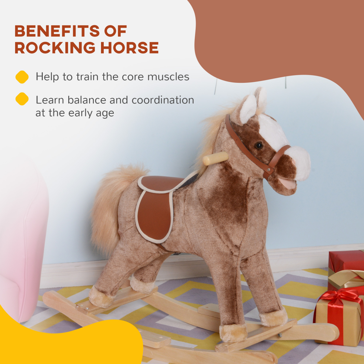Kids Rocking Horse Wooden Plush Children Ride On Toy Rocker Baby Gift HOMCOM