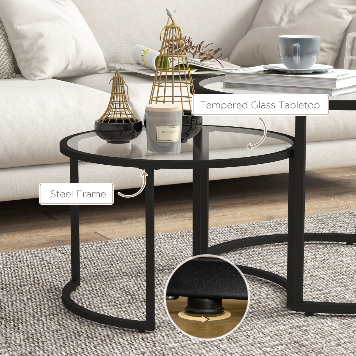 HOMCOM Glass Coffee Table Set of 2, Round Nest of Tables for Living Room